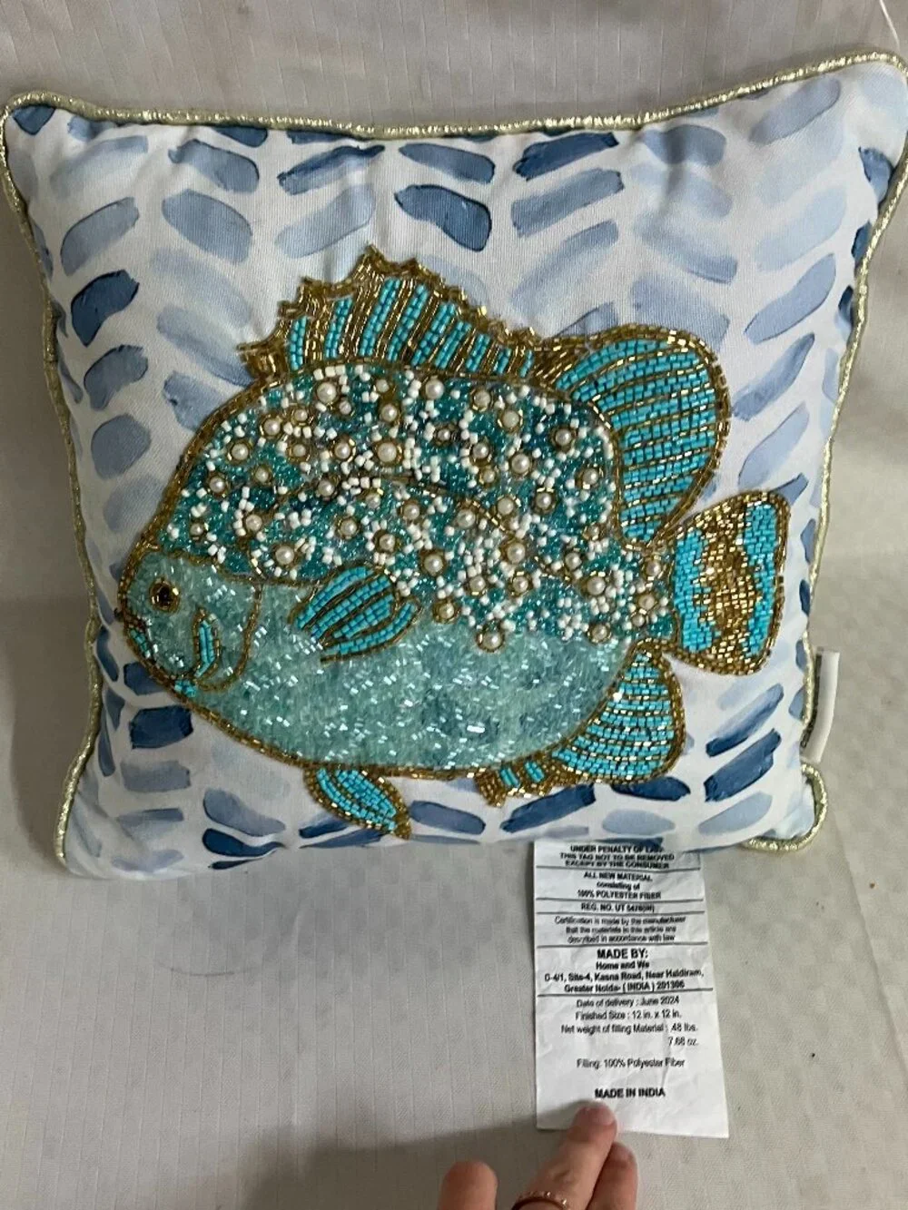 Home and We Decorative Throw Pillow 12X12 Multicolor Beaded Fish Accent